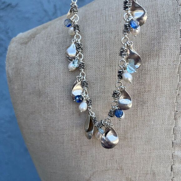 Michael Dawkins Sterling Silver Pearl Blue Bead Caviar Dangle Toggle Necklace - Picture 9 of 13